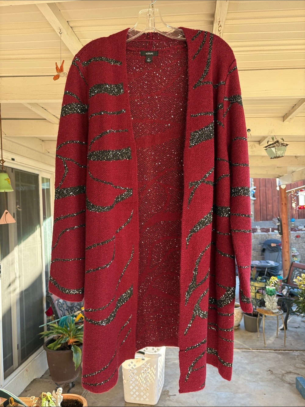 Alfani Burgundy Open-Front Cardigan with Black Sparkle Stripes